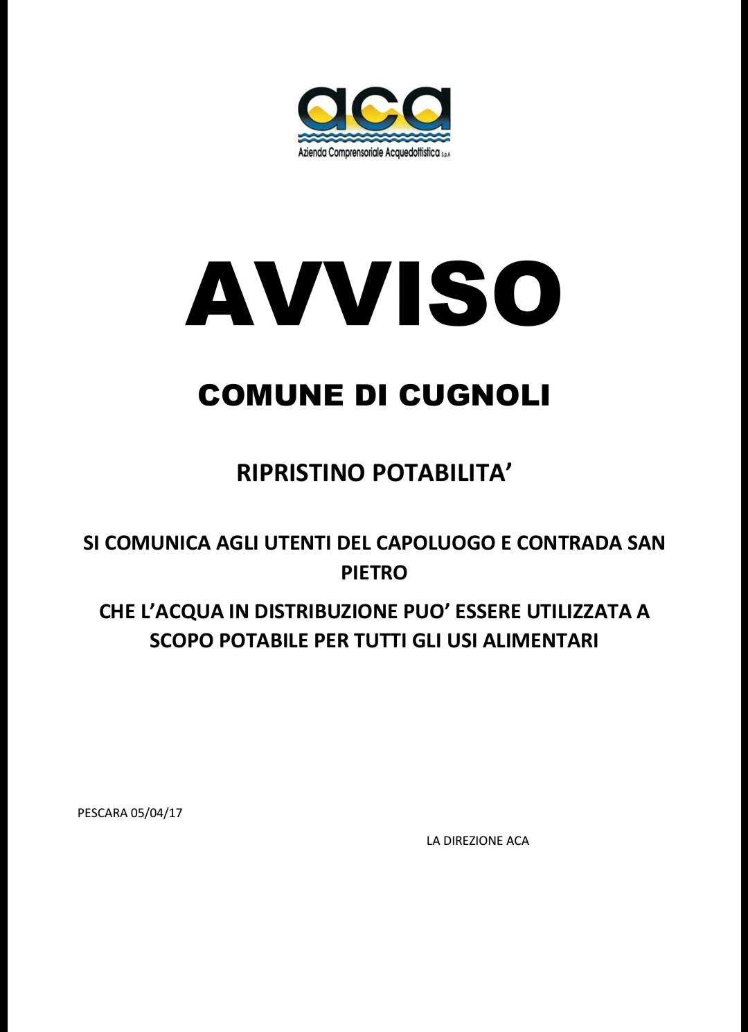 AVVISO ACA - ripristino potabilit acqua